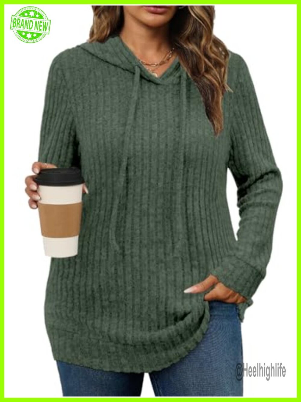 Plus Size Lightweight Ribbed Knit Hoodie Sweater Long Sleeve Tunic Top